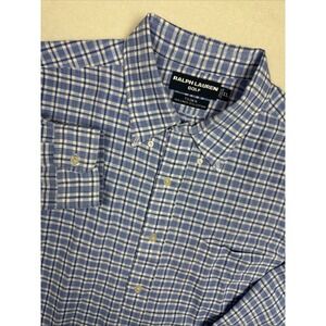 Ralph Lauren Golf‎ Tilden Shirt XL Linen Cotton Blue White Plaid Long Sleeve